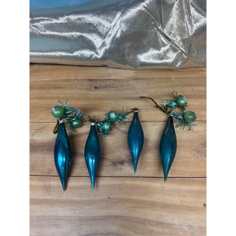 Vtg Blue Mercury Glass  Icicle Tear Drop Ornaments Handblown Set 4